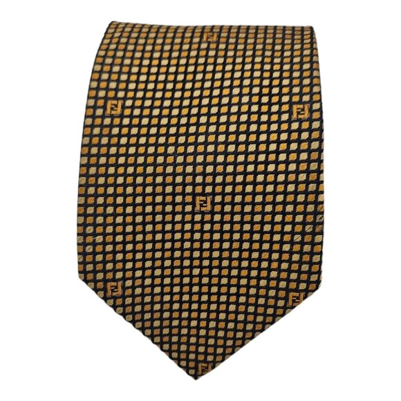 FENDI Gold Geometric Monogrammed Logo Silk Tie ITALY 59